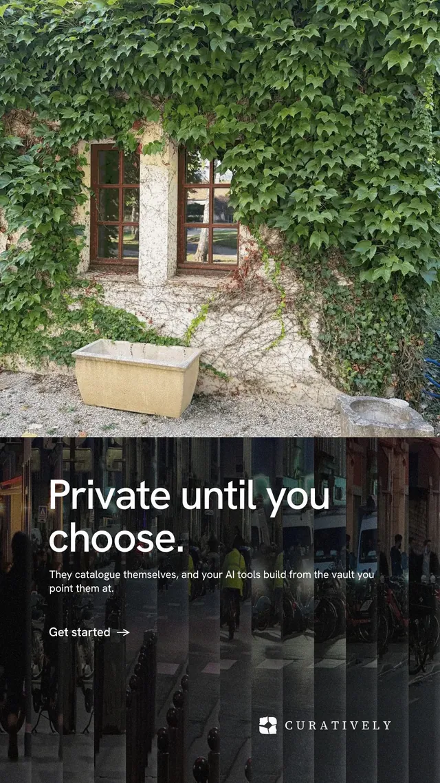 Instagram story for Curatively: "Private until you choose." Minimal luxury style, bottom layout, dark palette in green, black, grey.