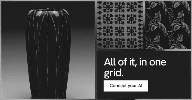 Social ad for Curatively: "All of it, in one grid." Swiss style, collage layout, dark palette in grey, black.