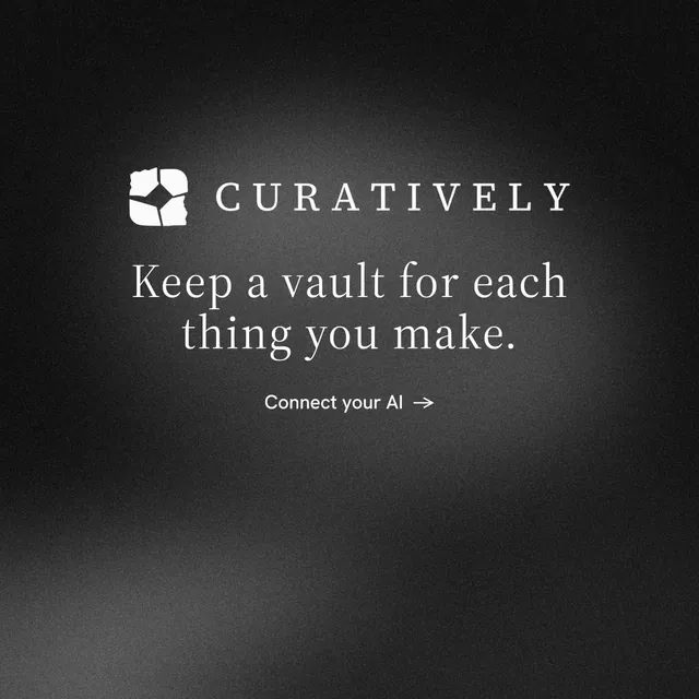 Instagram post for Curatively: "Keep a vault for each thing you make." Minimal luxury style, logo hero layout, dark palette in black, grey.