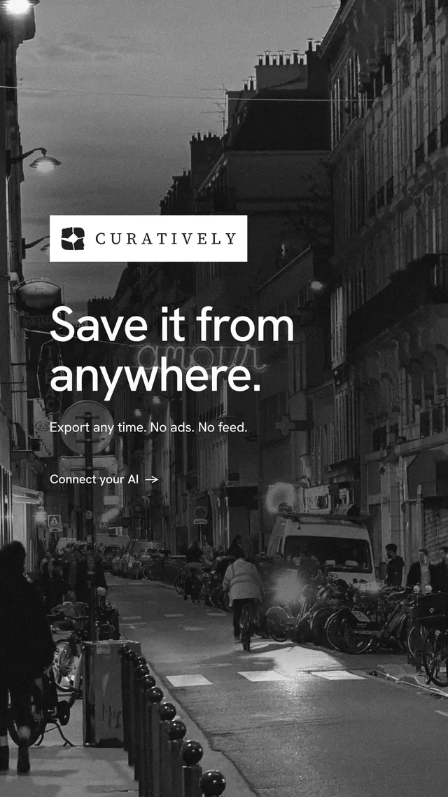 Instagram story for Curatively: "Save it from anywhere." Minimal luxury style, announce layout, dark palette in grey, black.