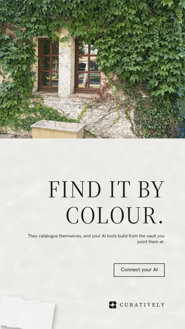 Instagram story for Curatively: "Find it by colour." Editorial style, right layout, light palette in green, white, grey.