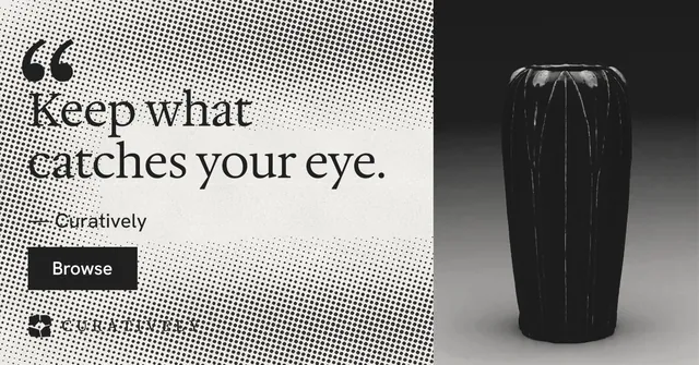 Social ad for Curatively: "Find it by colour." Retro print style, quote layout, light palette in grey, black, white.