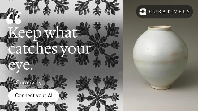 Landscape graphic for Curatively: "Saved, sorted and yours." Photo poster style, quote layout, light palette in grey, black, white.