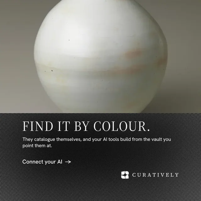 Instagram post for Curatively: "Find it by colour." Minimal luxury style, bottom layout, dark palette in black, grey, white.