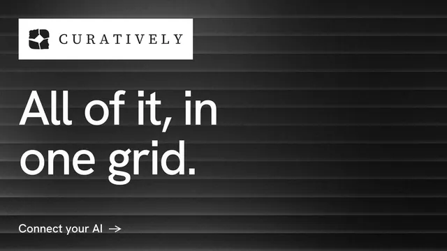 Landscape graphic for Curatively: "All of it, in one grid." Minimal luxury style, announce layout, dark palette in black, grey.