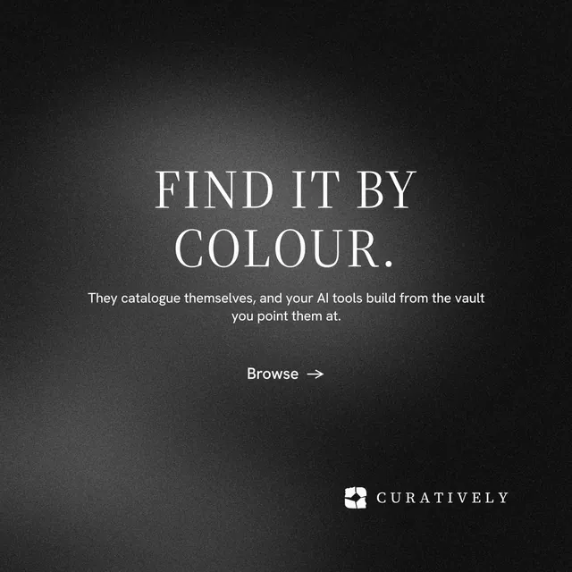 Instagram post for Curatively: "Find it by colour." Minimal luxury style, centred layout, dark palette in black, grey.