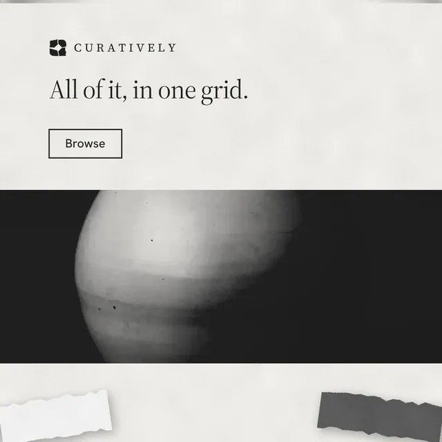 Instagram post for Curatively: "All of it, in one grid." Editorial style, skeleton layout, light palette in black, white, grey.