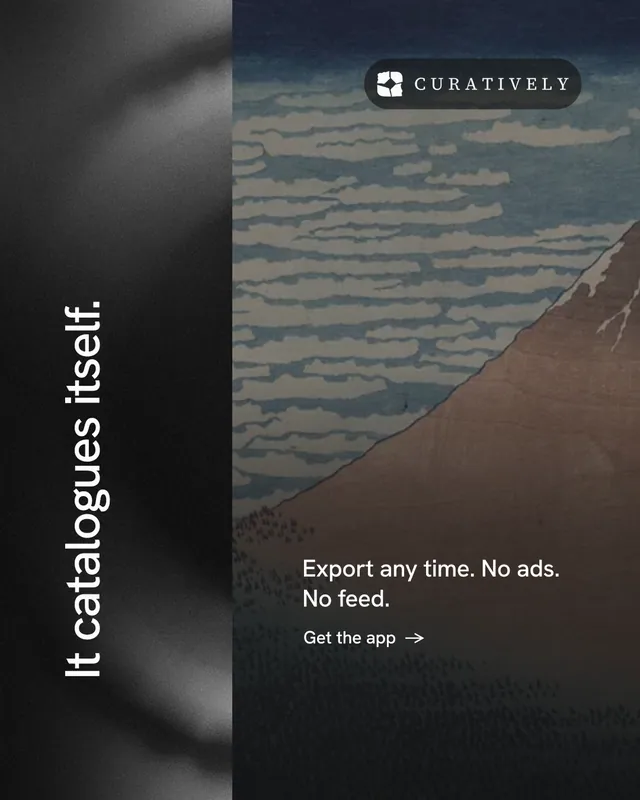 Instagram portrait post for Curatively: "It catalogues itself." Minimal luxury style, vertical layout, dark palette in black, grey.