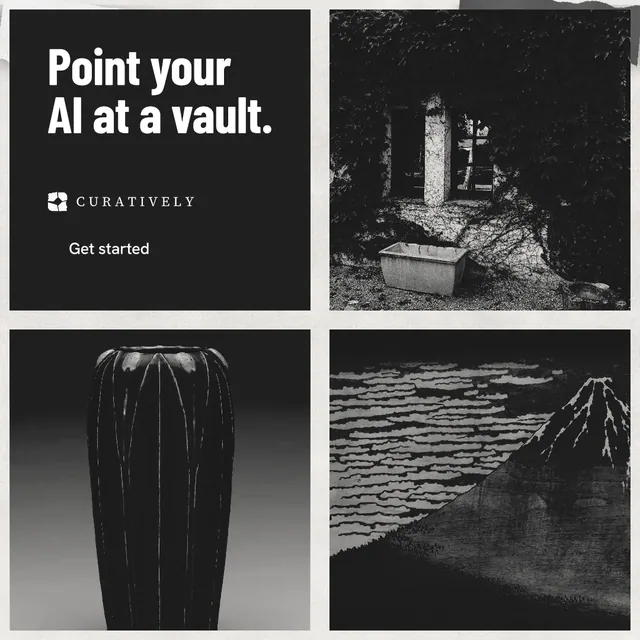 Instagram post for Curatively: "Point your AI at a vault." Retro print style, collage layout, dark palette in black, grey, white.