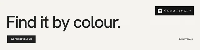 LinkedIn banner for Curatively: "Find it by colour." Swiss style, poster layout, light palette in white, grey.