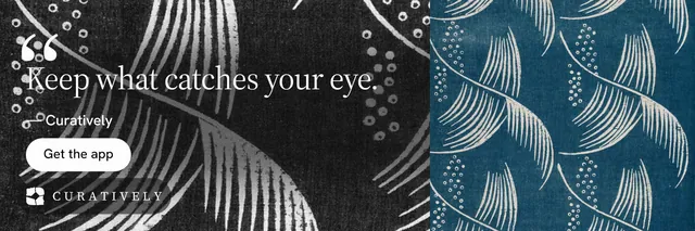 X header for Curatively: "All of it, in one grid." Photo poster style, quote layout, dark palette in black, blue, grey.