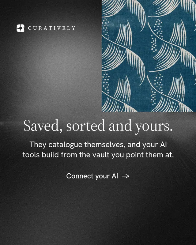 Instagram portrait post for Curatively: "Saved, sorted and yours." Minimal luxury style, skeleton layout, dark palette in grey, blue, black.