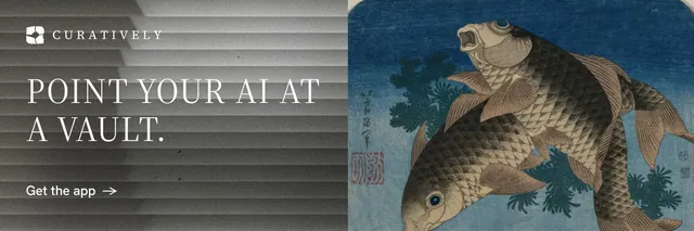 X header for Curatively: "Point your AI at a vault." Minimal luxury style, bottom layout, dark palette in grey, blue.