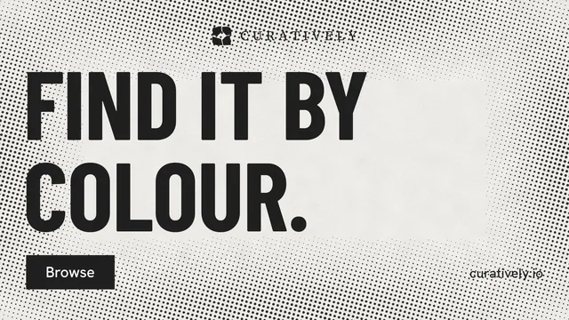 Landscape graphic for Curatively: "Find it by colour." Retro print style, poster layout, light palette in grey, white.
