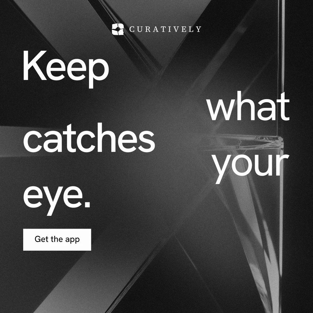 Instagram post for Curatively: "Keep what catches your eye." Swiss style, stacked layout, dark palette in black, grey.