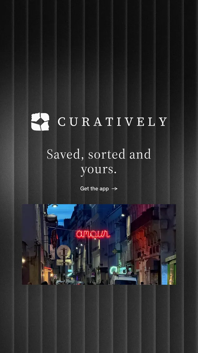 Instagram story for Curatively: "Saved, sorted and yours." Minimal luxury style, logo hero layout, dark palette in black, grey.