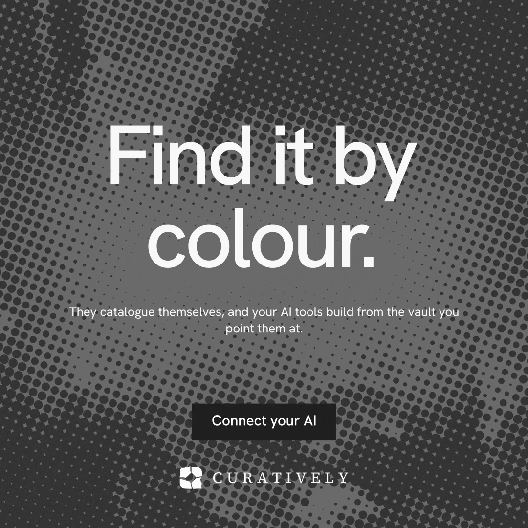 Instagram post for Curatively: "Find it by colour." Swiss style, centred layout, dark palette in grey, black.
