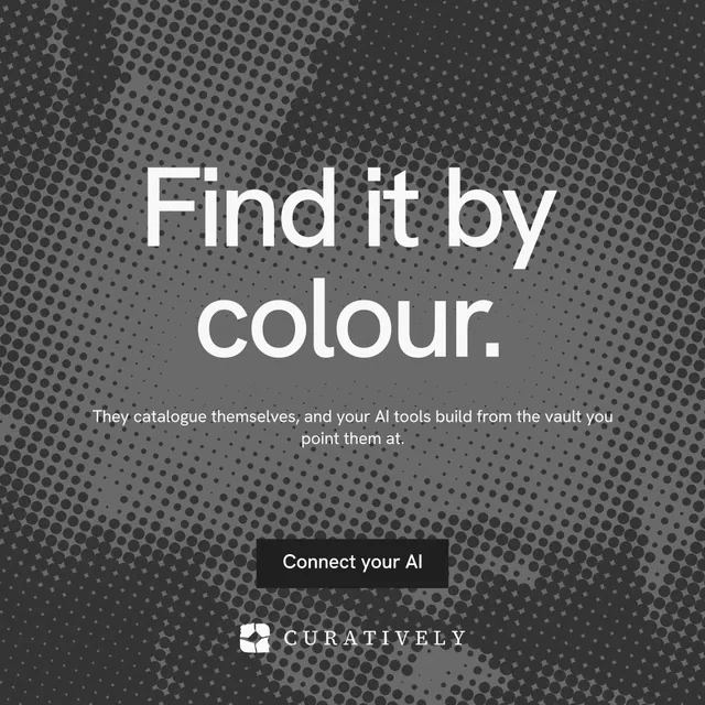 Instagram post for Curatively: "Find it by colour." Swiss style, centred layout, dark palette in grey, black.