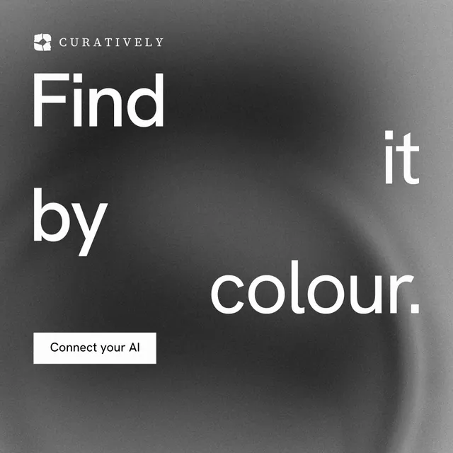 Instagram post for Curatively: "Find it by colour." Swiss style, stacked layout, dark palette in black, grey.