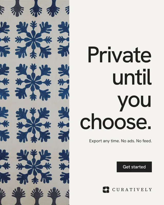 Instagram portrait post for Curatively: "Private until you choose." Swiss style, right layout, light palette in white, grey.