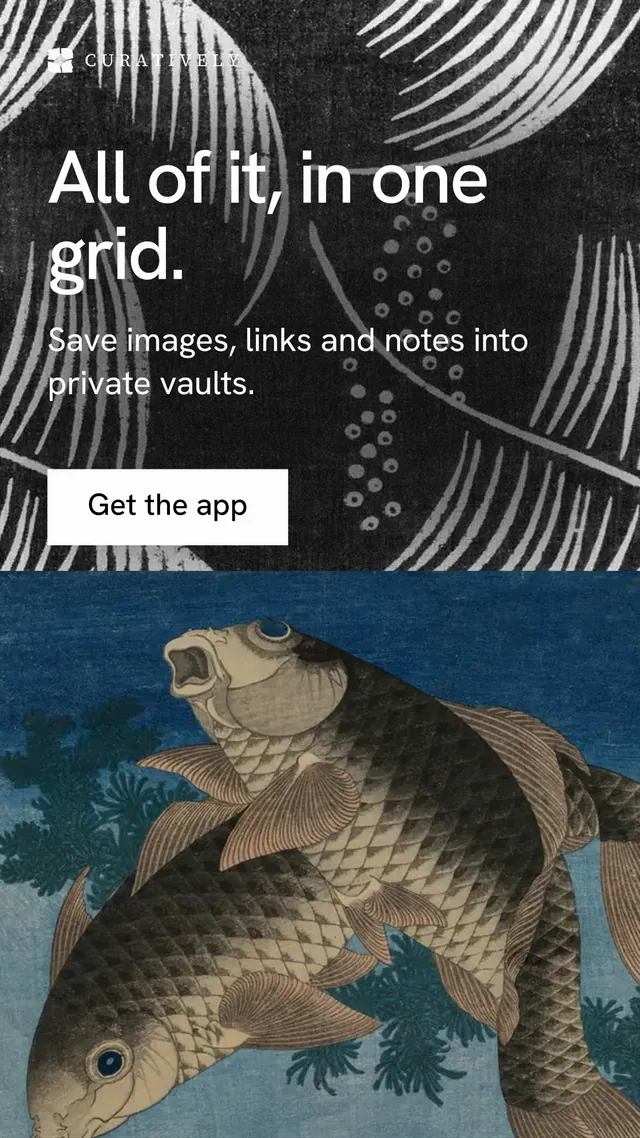 Instagram story for Curatively: "All of it, in one grid." Swiss style, skeleton layout, dark palette in blue, black, grey.