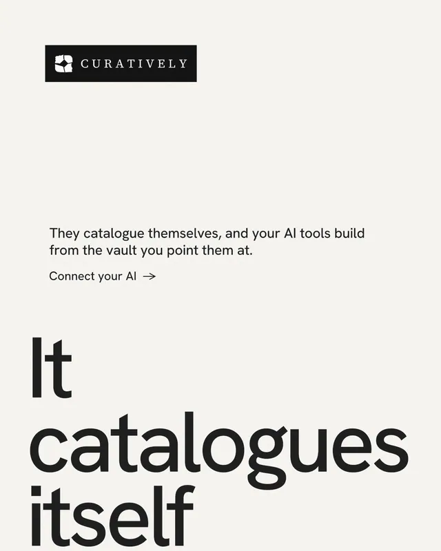 Instagram portrait post for Curatively: "Private until you choose." Minimal luxury style, oversized layout, light palette in white, grey.