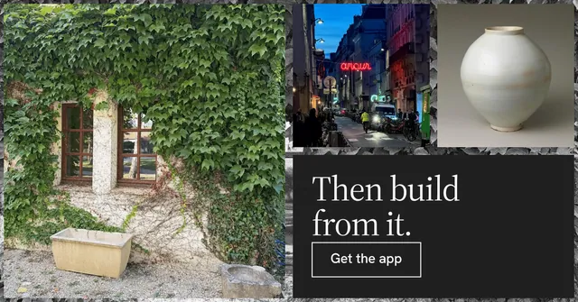 Social ad for Curatively: "Then build from it." Editorial style, collage layout, dark palette in black, grey.