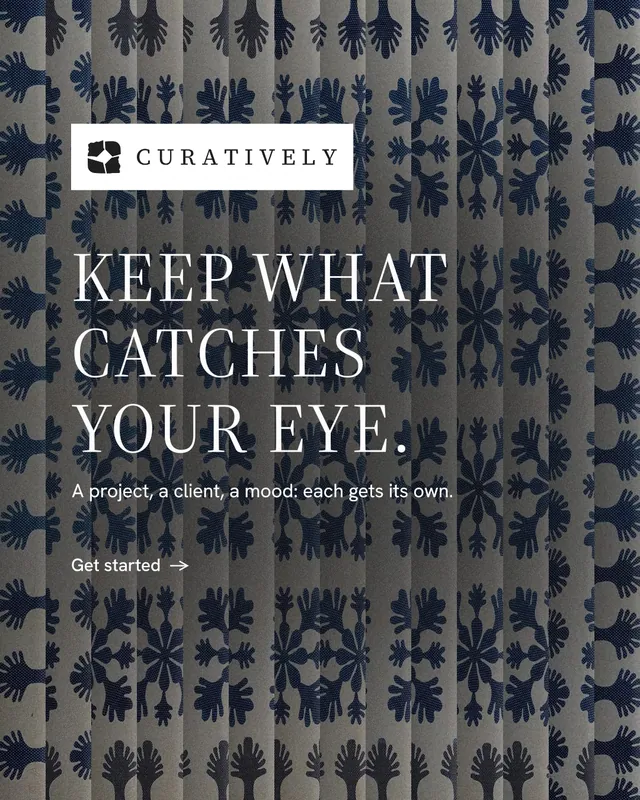 Instagram portrait post for Curatively: "Keep what catches your eye." Minimal luxury style, announce layout, dark palette in grey, blue.