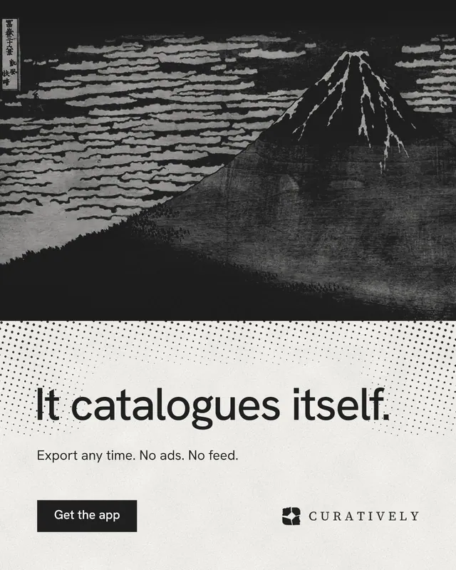 Instagram portrait post for Curatively: "It catalogues itself." Retro print style, bottom layout, light palette in grey, black, white.