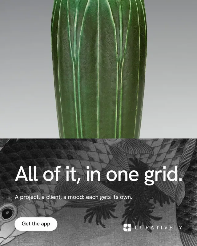 Instagram portrait post for Curatively: "All of it, in one grid." Photo poster style, bottom layout, light palette in grey, black.