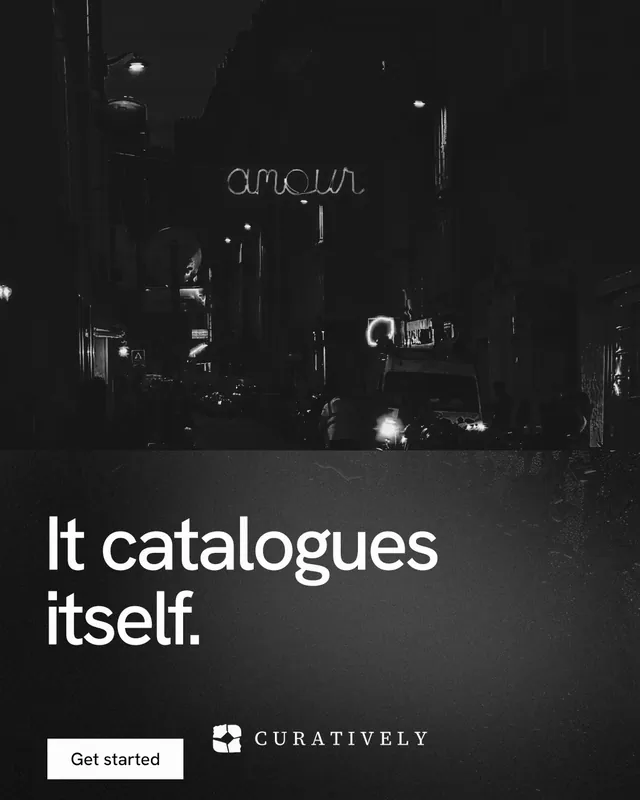 Instagram portrait post for Curatively: "It catalogues itself." Swiss style, bottom layout, dark palette in black, grey.