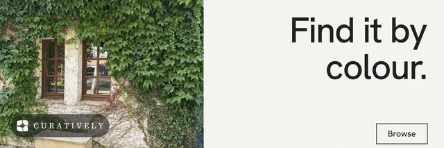X header for Curatively: "Find it by colour." Editorial style, right layout, light palette in white, green, grey.