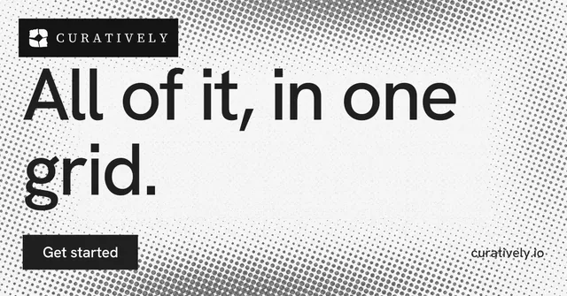 Social ad for Curatively: "All of it, in one grid." Split block style, poster layout, light palette in white, grey.