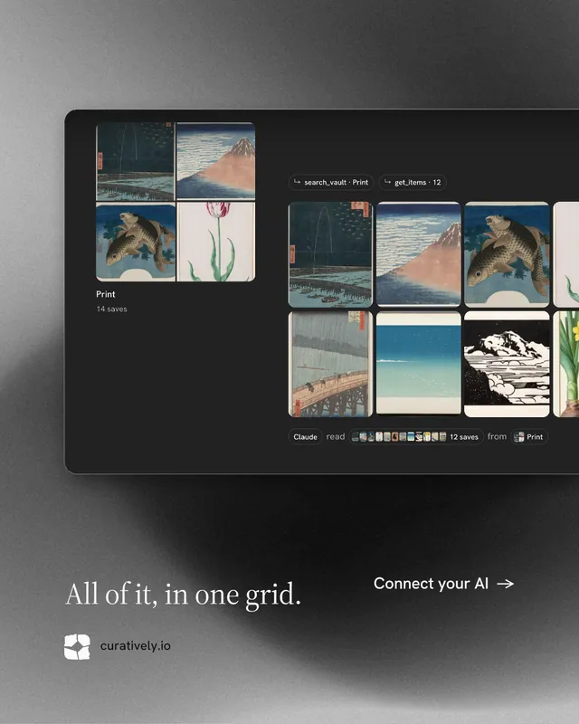 Instagram portrait post for Curatively: "All of it, in one grid." Minimal luxury style, image led layout, dark palette in grey, black.