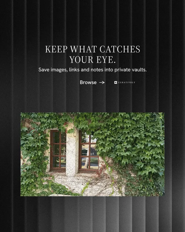 Instagram portrait post for Curatively: "Keep what catches your eye." Minimal luxury style, centred layout, dark palette in black, grey.