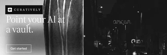 X header for Curatively: "Point your AI at a vault." Editorial style, bottom layout, dark palette in black, grey.