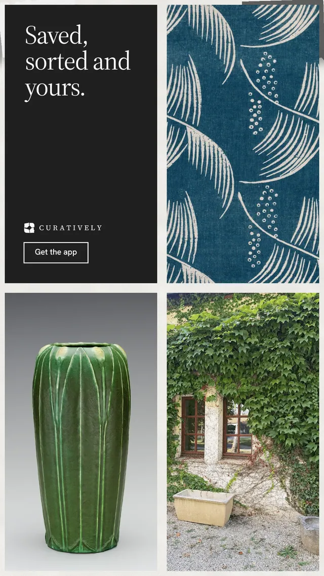 Instagram story for Curatively: "Saved, sorted and yours." Editorial style, collage layout, dark palette in grey, black, teal.