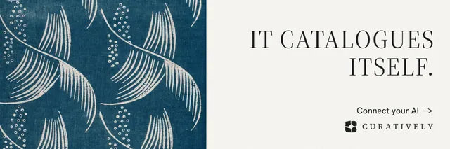 X header for Curatively: "It catalogues itself." Minimal luxury style, right layout, light palette in white, blue, grey.