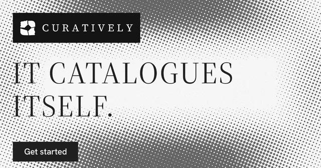Social ad for Curatively: "It catalogues itself." Split block style, announce layout, light palette in white, grey.