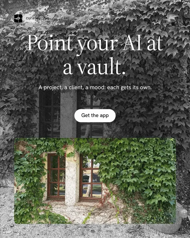 Instagram portrait post for Curatively: "Point your AI at a vault." Photo poster style, centred layout, dark palette in grey, black.