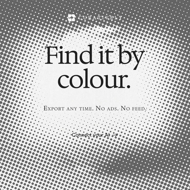 Instagram post for Curatively: "Find it by colour." Swiss style, smallcaps layout, light palette in grey, white.