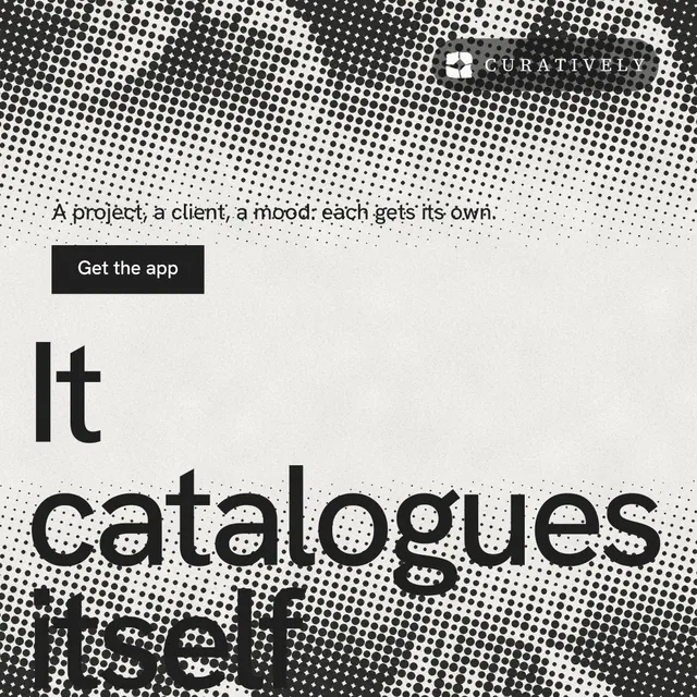 Instagram post for Curatively: "All of it, in one grid." Swiss style, oversized layout, light palette in grey, white.