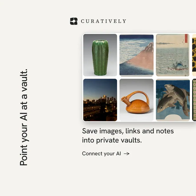 Instagram post for Curatively: "Point your AI at a vault." Minimal luxury style, vertical layout, light palette in white, grey.