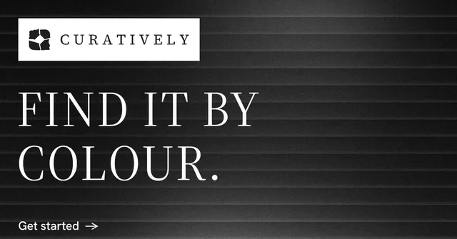 Social ad for Curatively: "Find it by colour." Minimal luxury style, announce layout, dark palette in black, grey.