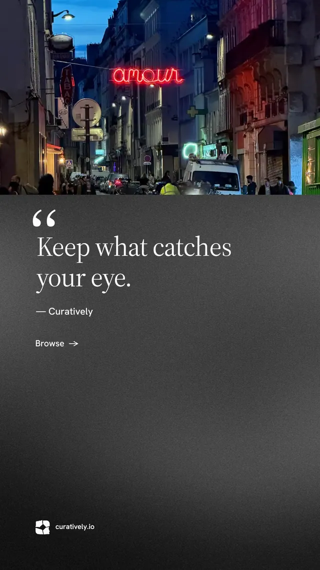 Instagram story for Curatively: "Save it from anywhere." Minimal luxury style, quote layout, dark palette in grey, blue, black.