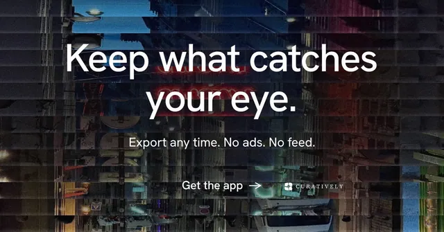 Social ad for Curatively: "Keep what catches your eye." Minimal luxury style, centred layout, dark palette in black, grey.