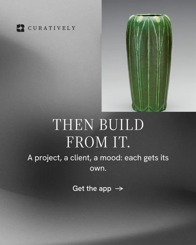 Instagram portrait post for Curatively: "Then build from it." Minimal luxury style, skeleton layout, dark palette in grey, black.