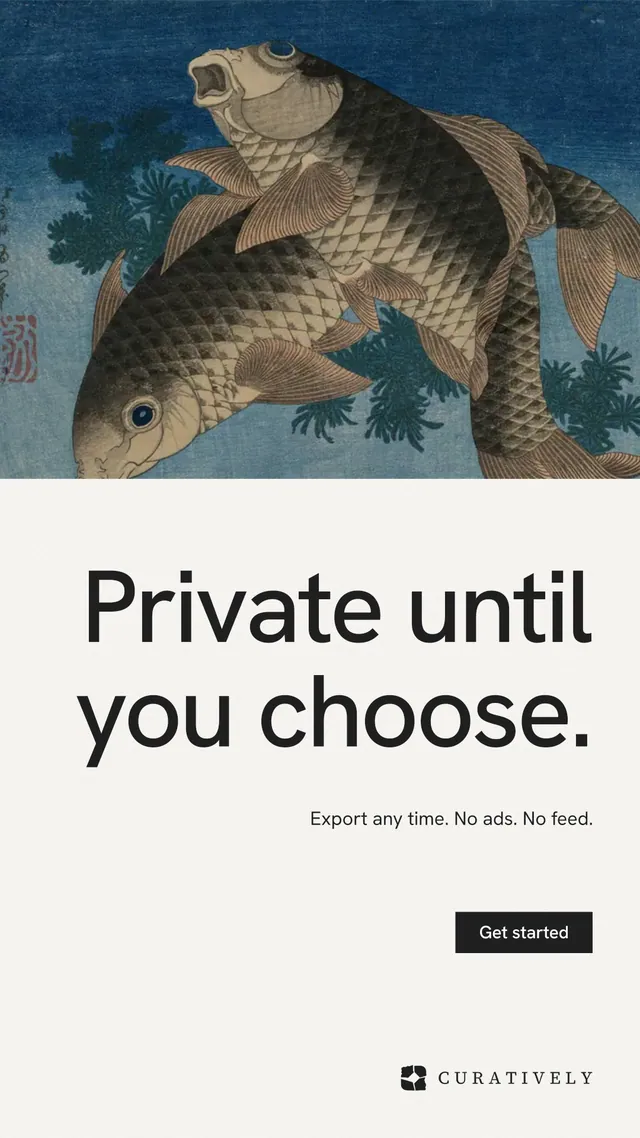 Instagram story for Curatively: "Private until you choose." Swiss style, right layout, light palette in white, blue, grey.
