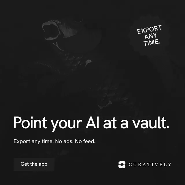 Instagram post for Curatively: "Point your AI at a vault." Swiss style, sticker layout, dark palette in black.