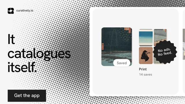 Landscape graphic for Curatively: "It catalogues itself." Swiss style, sticker layout, light palette in white, grey.